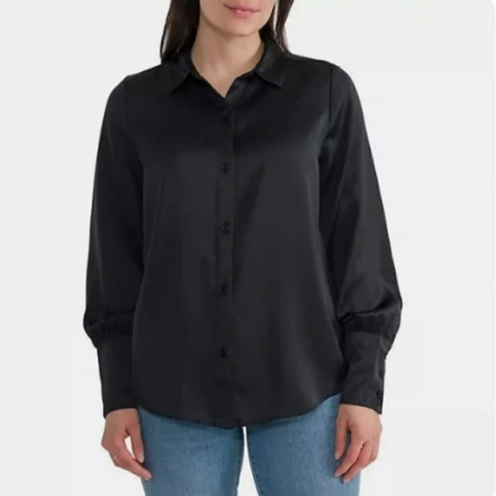 Joie Button Front Satin Blouse in Black Buttoned Cuffs size 2XL
